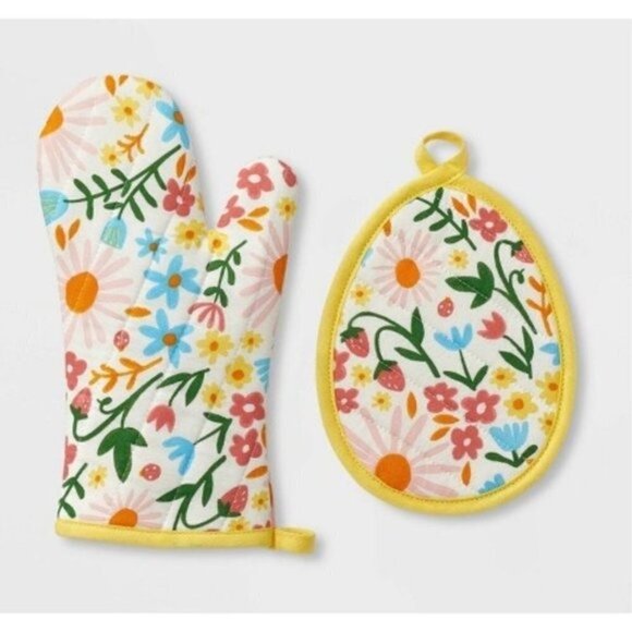 Spritz™ 2pc Cotton Flower Oven Mitt and Pot Holder Set Spring Easter  B31 - Picture 1 of 5